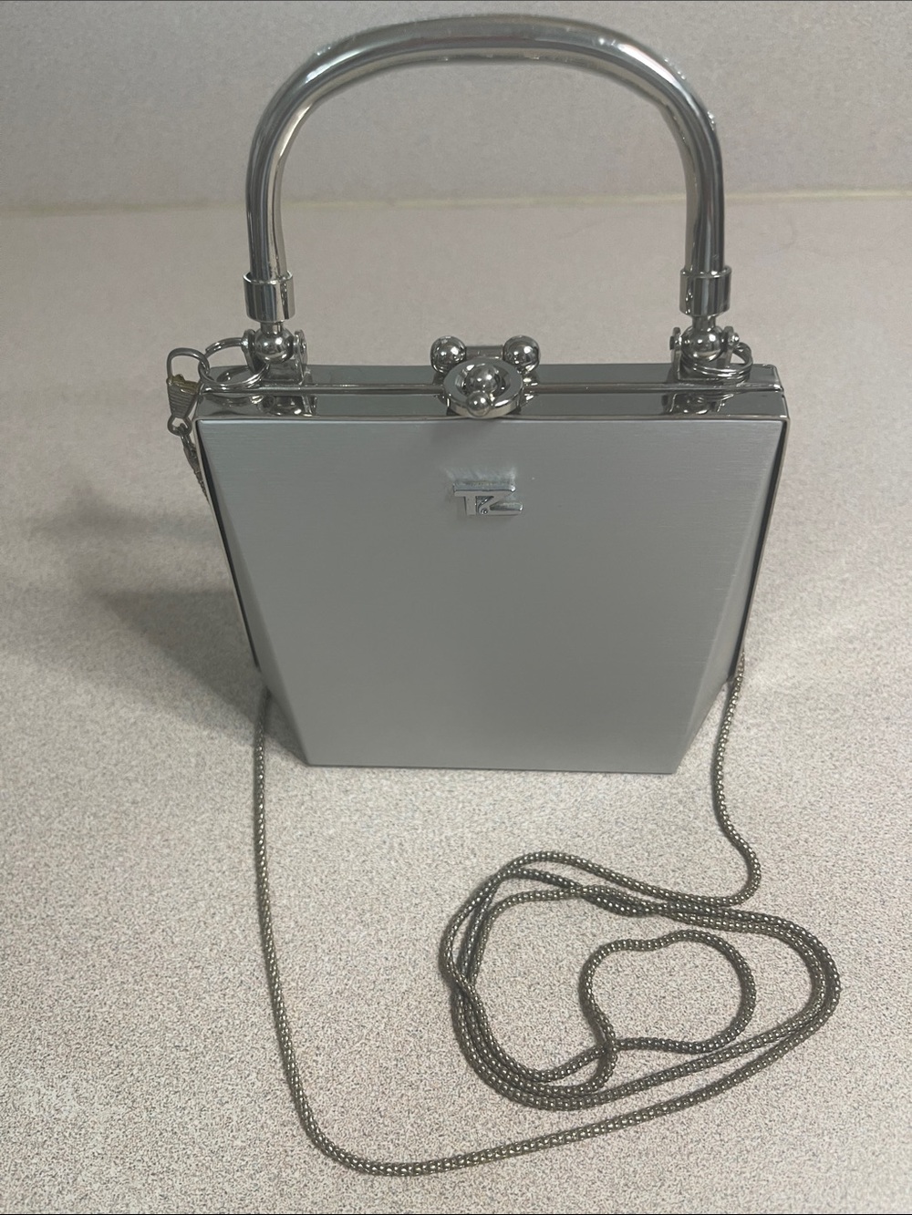 Silver Metal Clutch Evening Bag Top Handle Crossbody Chain Formal Wedding Purse